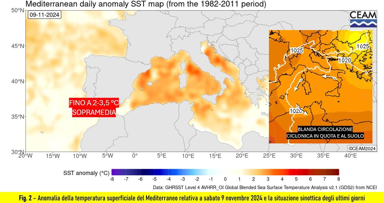 Anomalia delle temperature superficiali del Mediterraneo