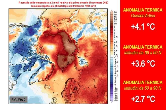 Anomalia della temperatura a 2 metri ghiaccio artico prima decade novembre 2020