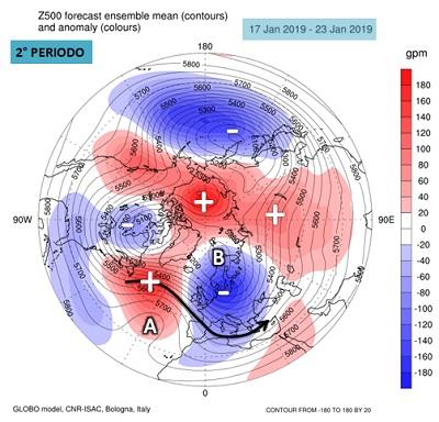 Fig. 2: anomalia dell'altezza di geopotenziale a 500 hPa mediata sul periodo 17-23 gennaio