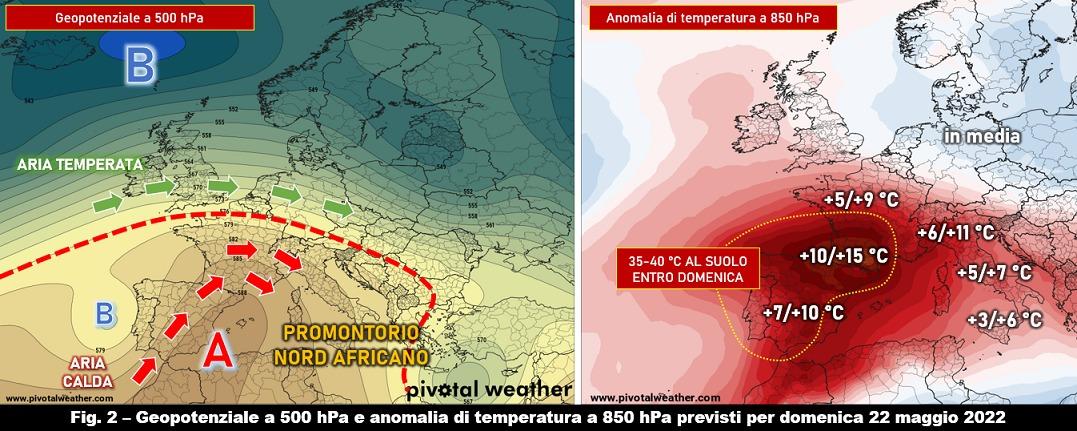 Anomalie geopotenziali e temperature 22 Maggio 2022