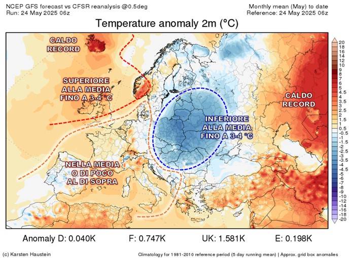 Anomalie temperature 24 maggio 2025