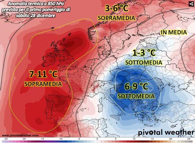 Anomalie temperatura attese per il 28 Dicembre