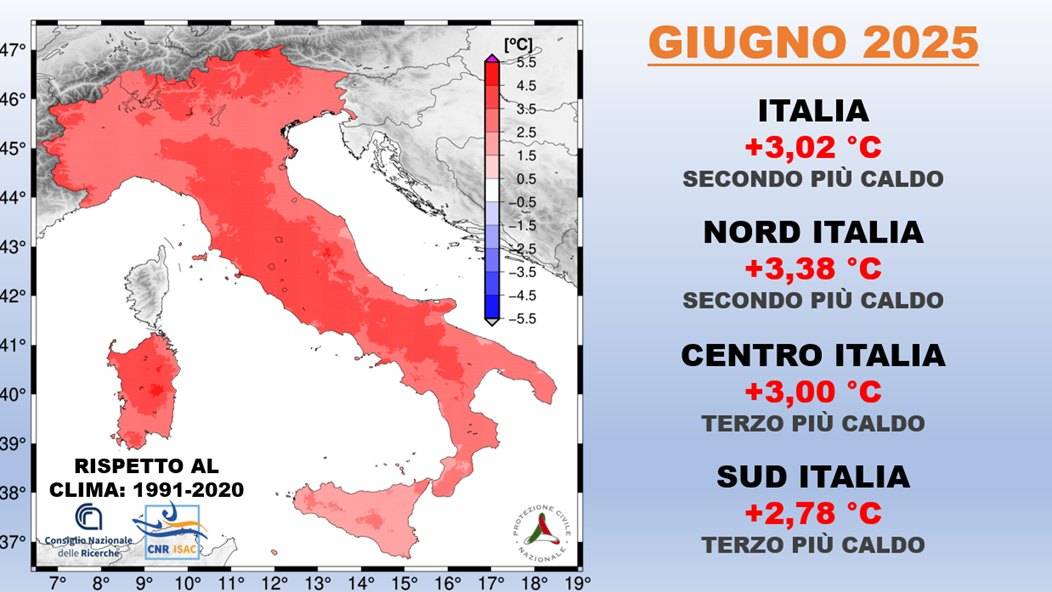 Anomalie termiche giugno 2025 in Italia
