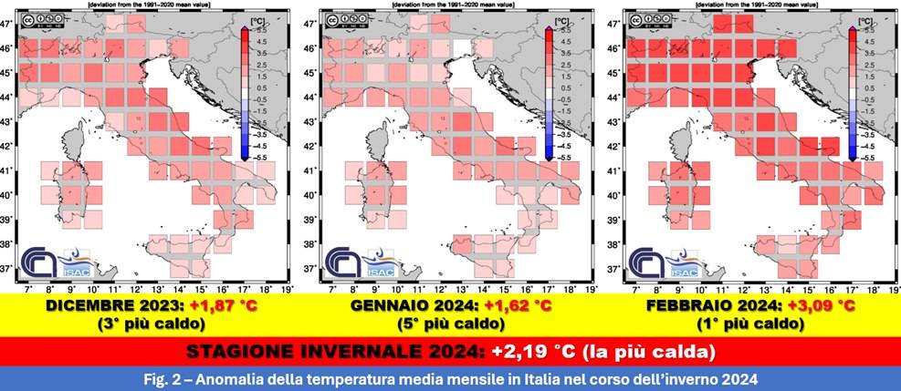 Anomalia della temperatura media mensile in italia, inverno 2024