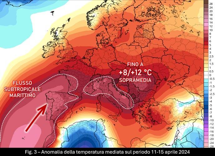 Anomalia della temperatura attesa per il periodo 11-15 aprile 2024