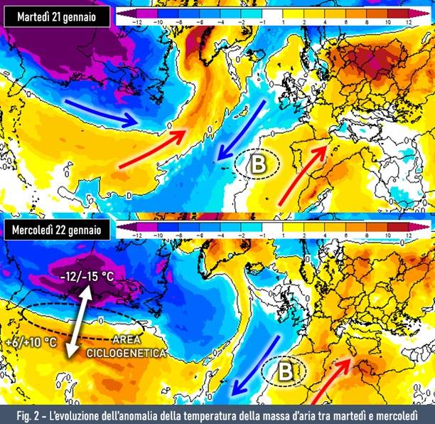 Anomalia della temperatura attesa per il 21-22 gennaio 2025