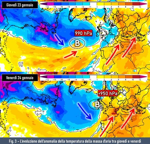 Anomalia della temperatura attesa per il 23-24 gennaio 2025