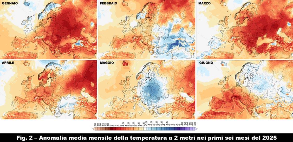 Anomalia media mensile della temperatura nei primi sei mesi del 2025