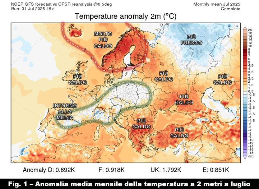 Anomalie termiche luglio 2025 in Europa