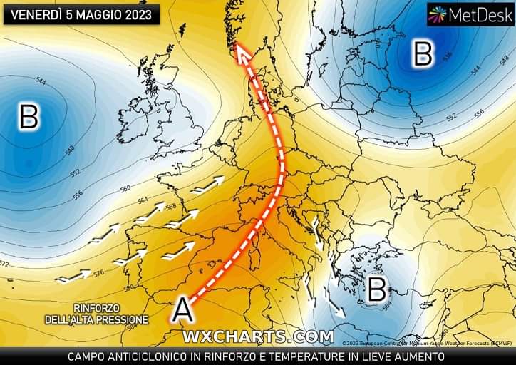 Anticiclone in rinforzo per il 5 maggio 2023