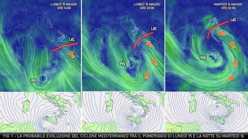 Il ciclone mediterraneo previsto per il 15 maggio 2023