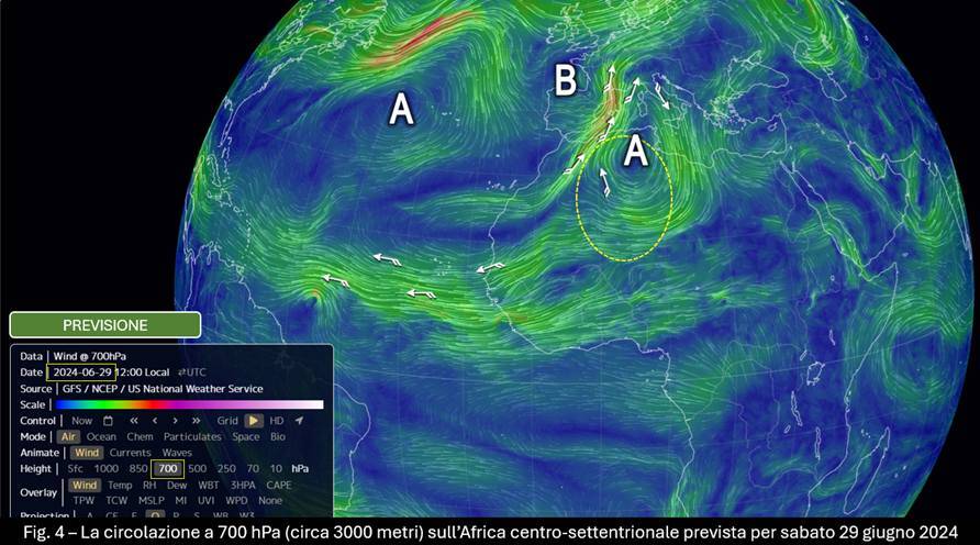 Circolazione africana attesa per il 29 giugno a 700hPa