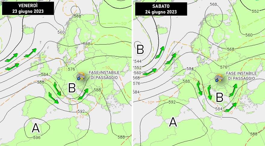 Circolazione atmosferica attesa per il 23-24 giugno 2023