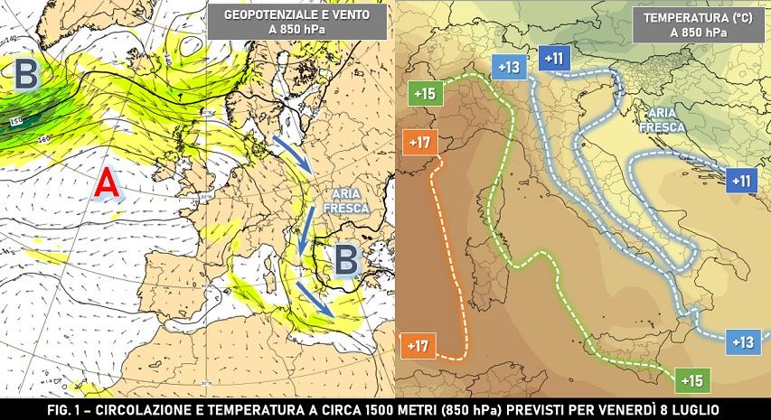 Circolazione e temperatura previste a 850hPa per l'8 Luglio 2022