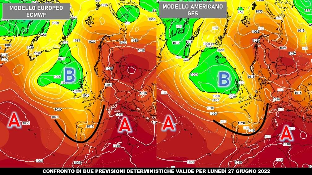 Confronto tra il modello ecmwf e gfs per lunedì 27 giugno 2022