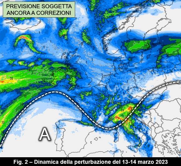 Dinamica prevista per la perturbazione il 13-14 marzo 2023