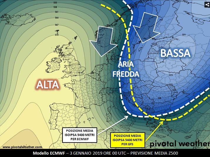 Sinottica in quota prevista dal modello ECMWF per il 3 Gennaio 2019 ore 00UTC