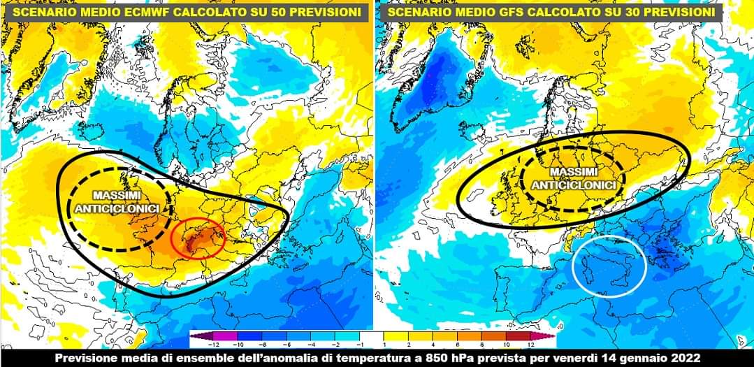 Ensemble temperatura 850hPa 14 Gennaio 2022