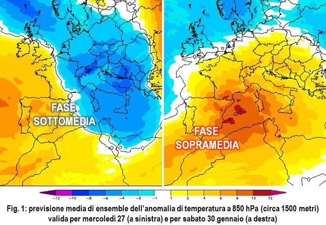 Ensemble temperatura 850hPa tra il 27 e il 30 Gennaio 2021