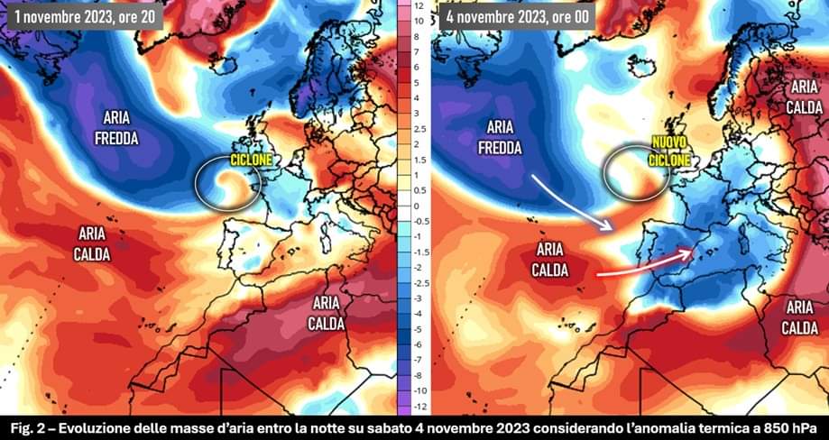 Evoluzione attesa per le masse d'aria il 4 novembre 2023