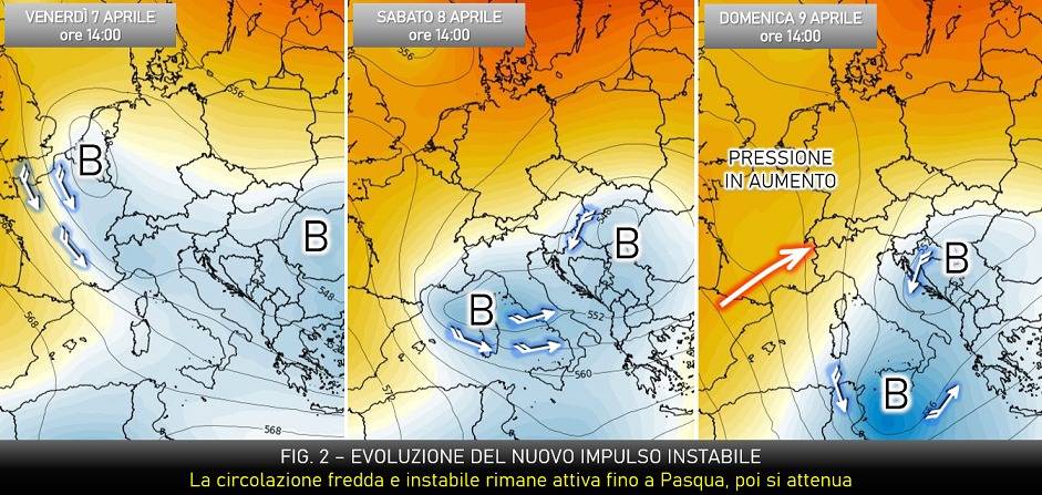 L'evoluzione meteo prevista per il 7-8-9 aprile 2023