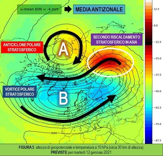 Geopotenziale e temperatura a 10hPa il 12 Gennaio 2021