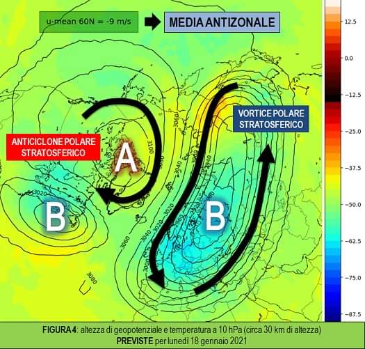 Geopotenziale e temperatura a 10hPa il 18 Gennaio 2021