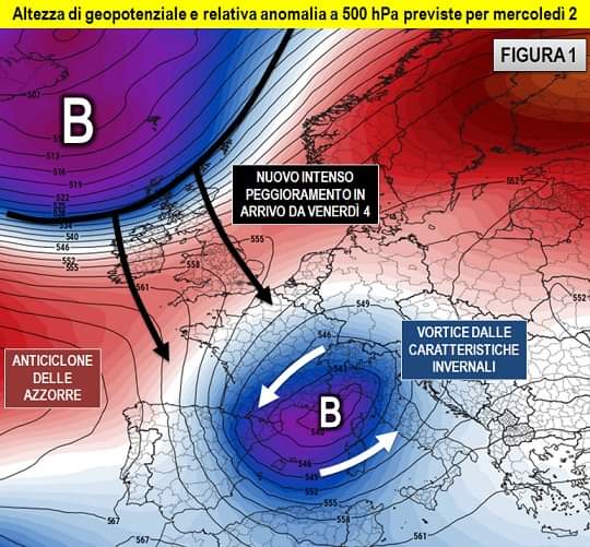 Altezza geopotenziale e anomalia prevista per il 2 Dicembre 2020