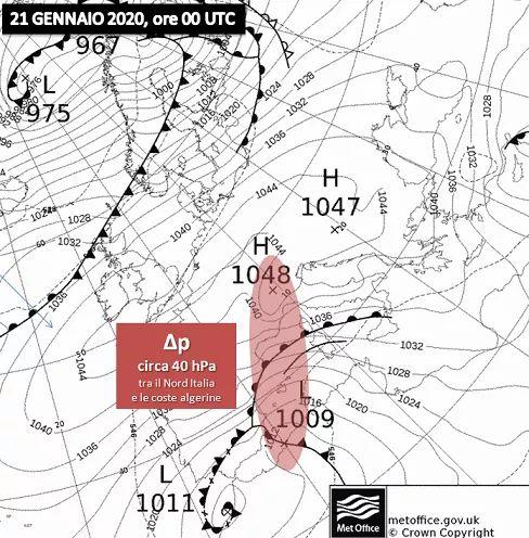 Gradiente barico atteso per il 21 Gennaio