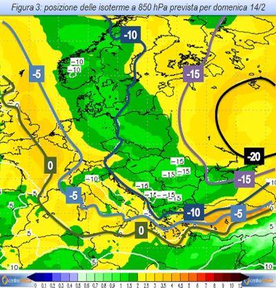 Isoterme a 850hPa attese per il 14 Febbraio 2021