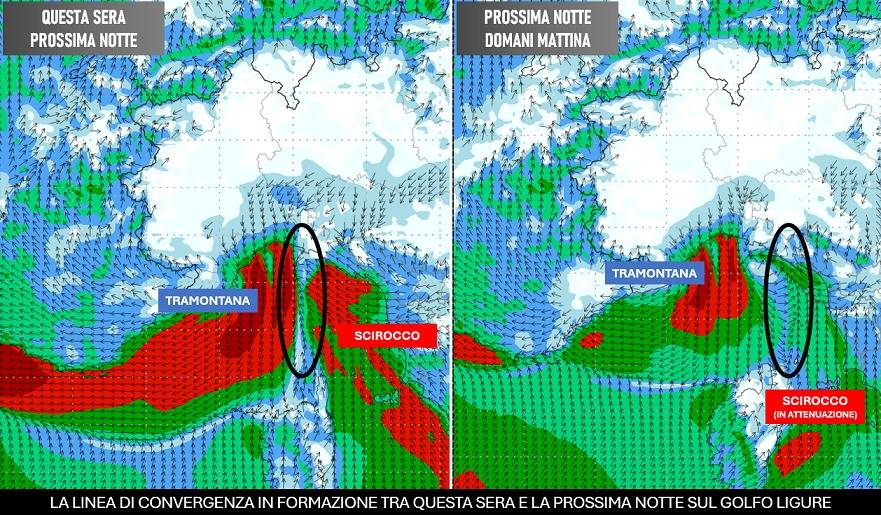 Linea di convergenza attesa per il Golfo Ligure