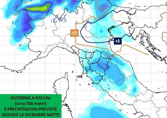 Isoterme a 925hPa e precipitazioni per Giovedì 12 Dicembre notte