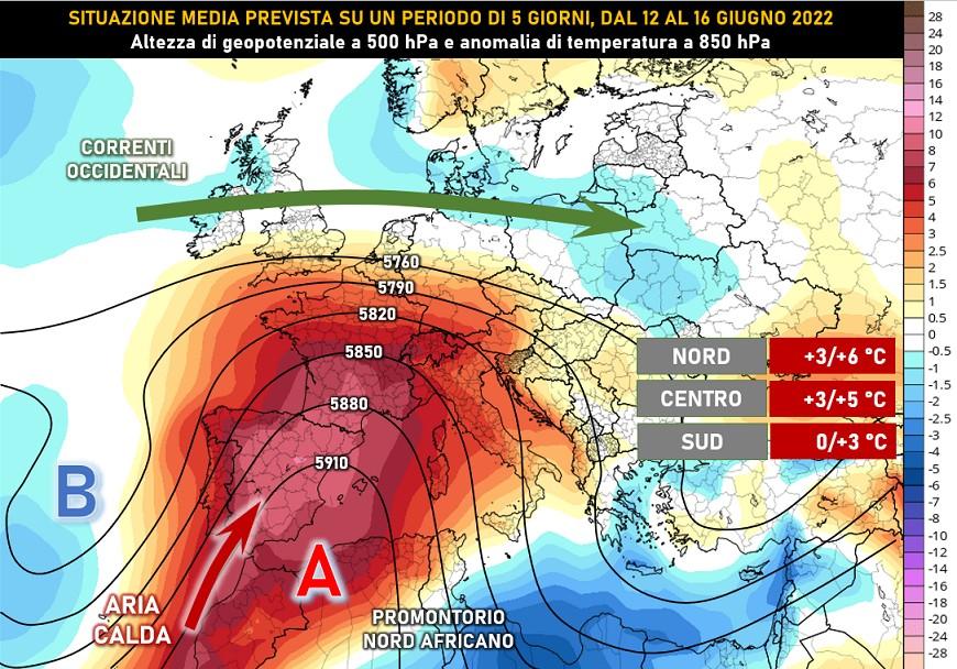 Mappa circolazione media prevista per il 12-16 Giugno 2022