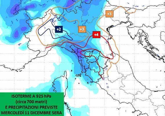 Isoterme a 925hPa e precipitazioni per Mercoledì 11 Dicembre sera