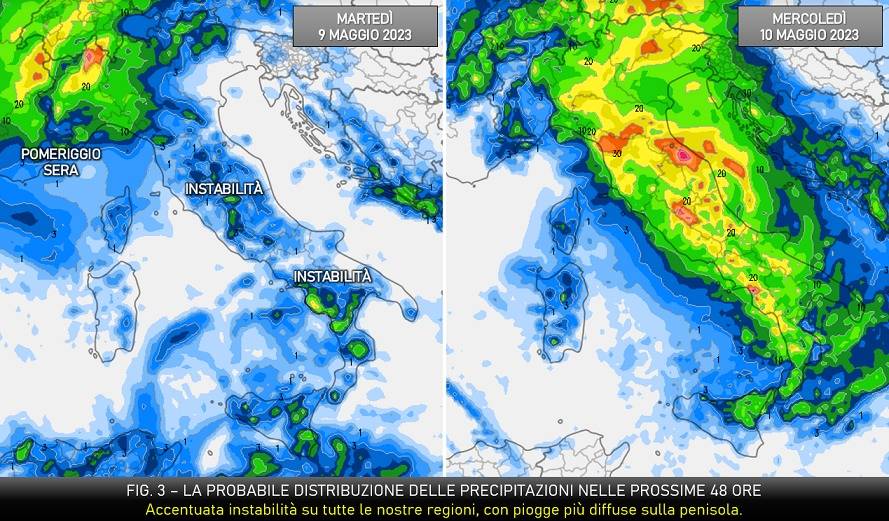 Mappa delle piogge attese per il 9 e il 10 maggio 2023