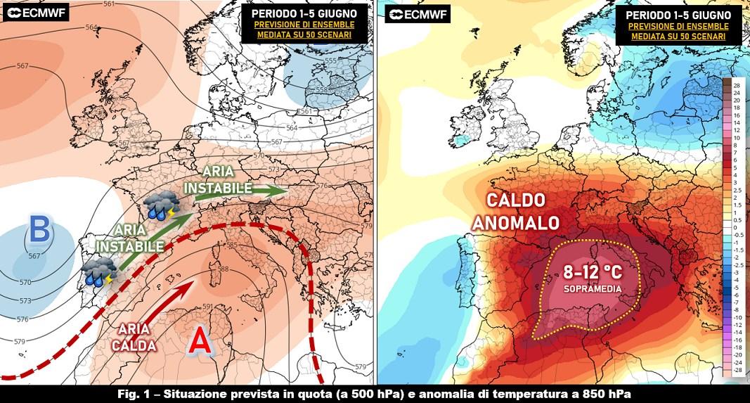 Mappe geopotenziali e temperature 1-5 Giugno 2022