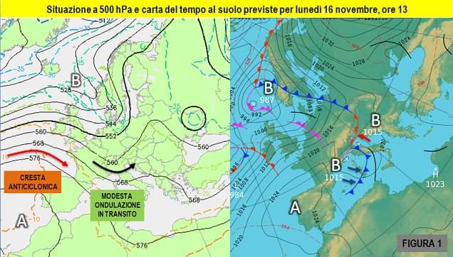 Situazione in quota e al suolo previste per il 16 Novembre 2020