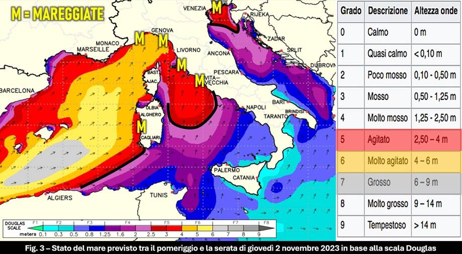 Stato del mare atteso per il 2 novembre 2023