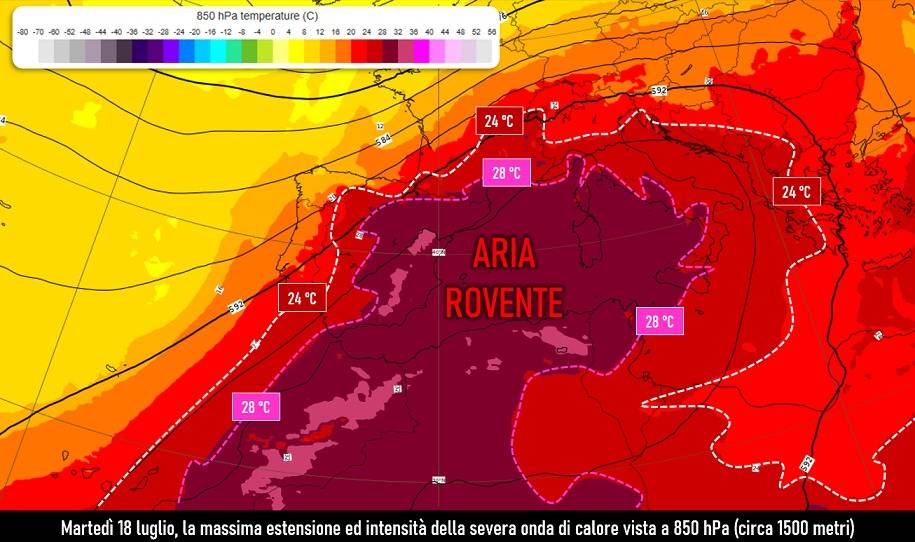 Massima estensione e intensità dell'ondata di calore attesa per il 18 luglio 2023