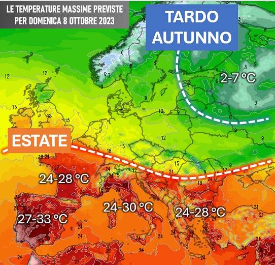 Temperature massime attese domenica 8 ottobre 2023