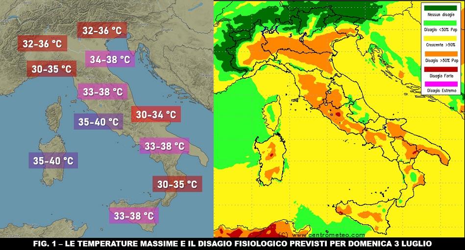 Temperature massime previste e indice di disagio per il 3 Luglio 2022