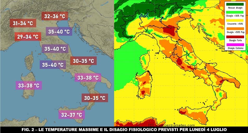 Temperature massime previste e indice di disagio per il 4 Luglio 2022