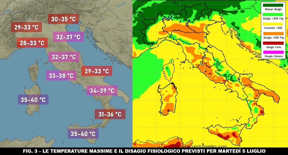 Temperature massime previste e indice di disagio per il 5 Luglio 2022