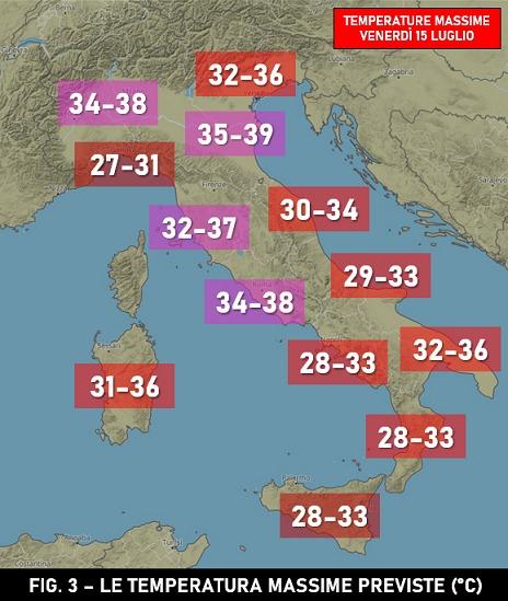 Temperature massime previste per il 15 Luglio 2022