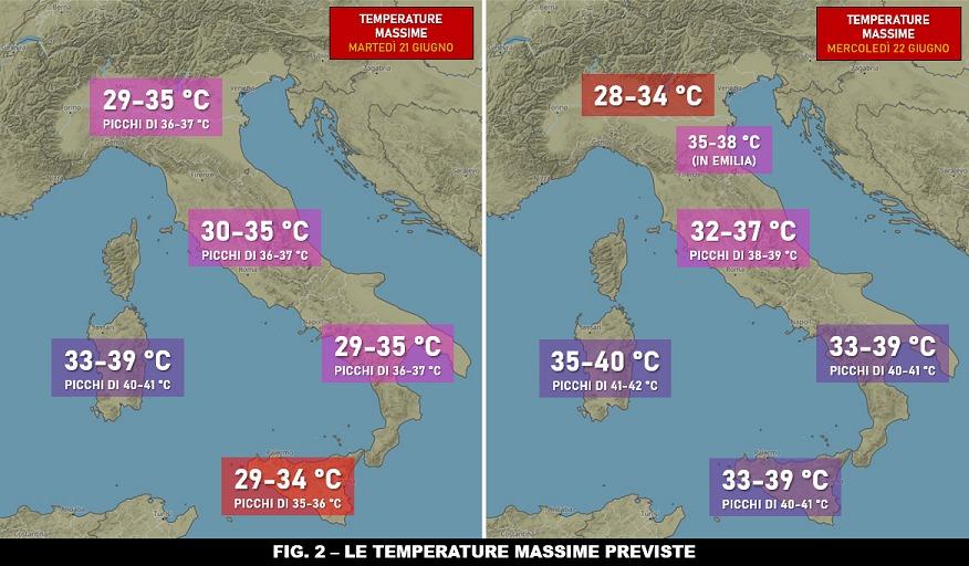 Temperature massime previste per il 21 e 22 Giugno 2022