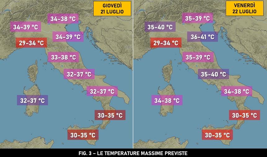Temperature massime previste per il 21 e 22 Luglio 2022