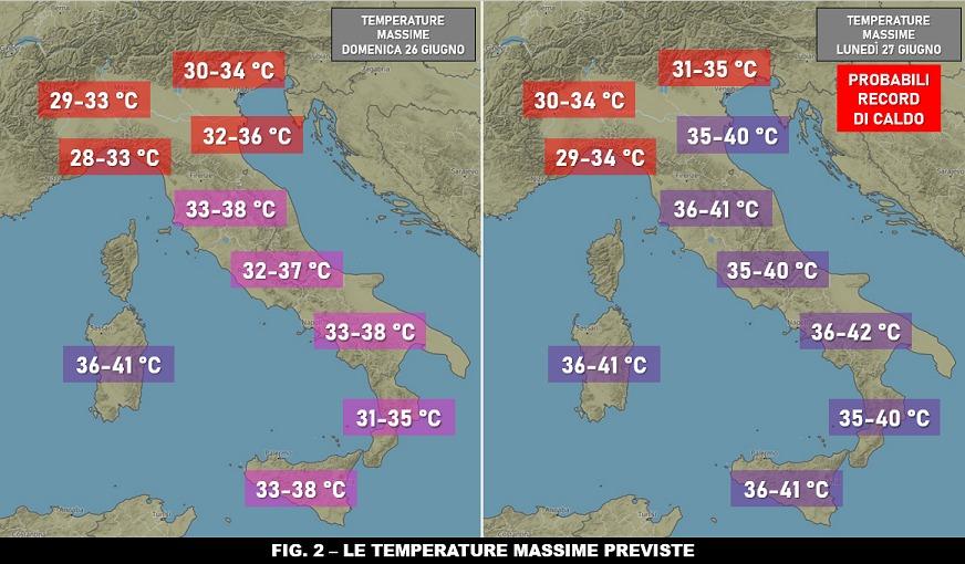 Temperature massime previste per il 26 e 27 Giugno 2022