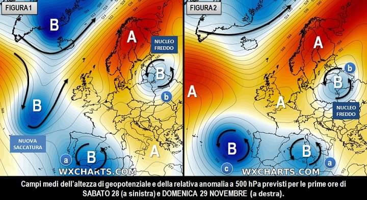 Campi medi geopotenziale e anomalia 28 e 29 novembre 2020 didattica di Sabato 21 Novembre 2020