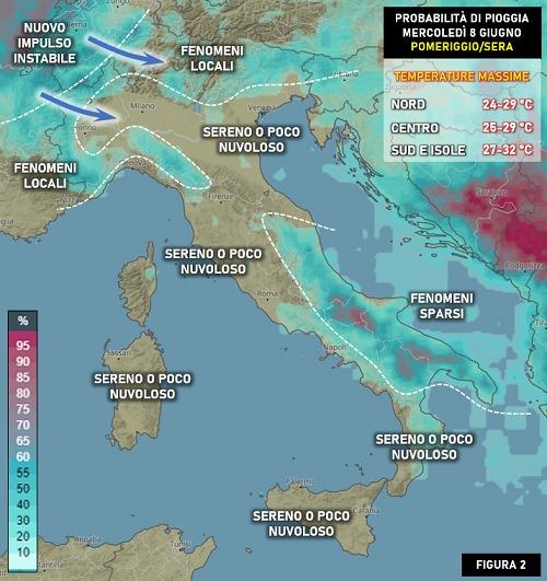 Meteo previsto per mercoledì 8 giugno 2022