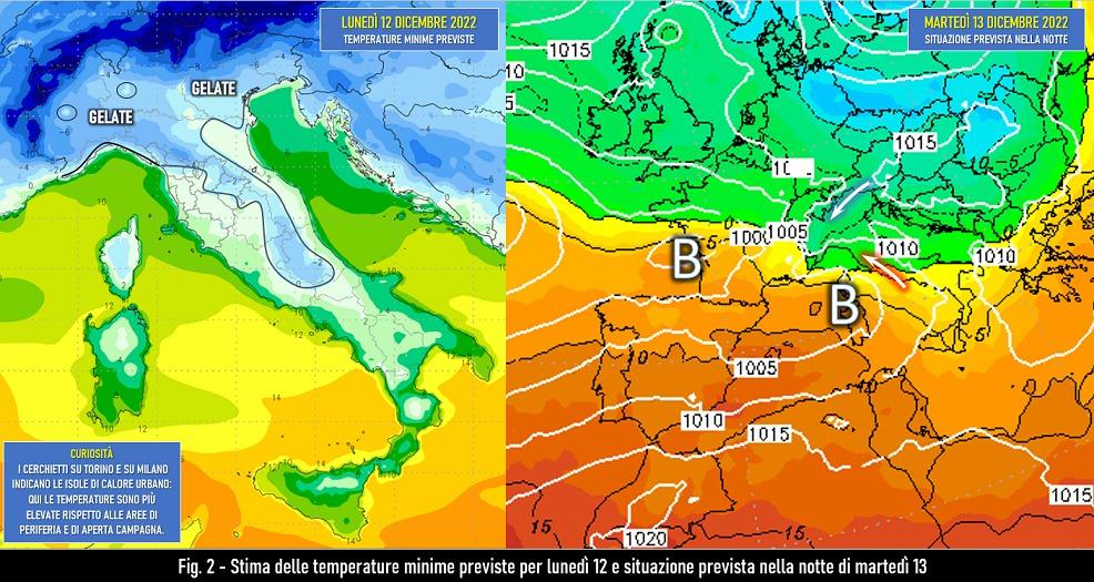 Temperature minime Lunedì 12 e situazione attesa per il 13 dicembre 2022